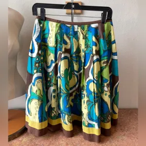 60’s Retro Pleated Skirt in an abstract Green &amp; blue Print Lined. Small