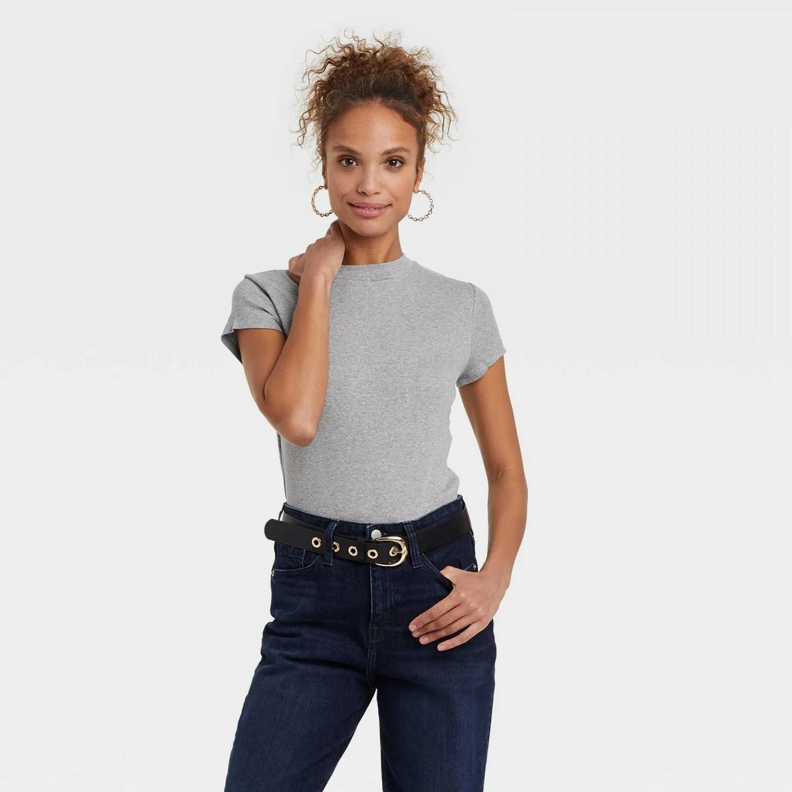 A New Day Women's Short Sleeve Slim Fit Ribbed T-Shirt Gray XXL