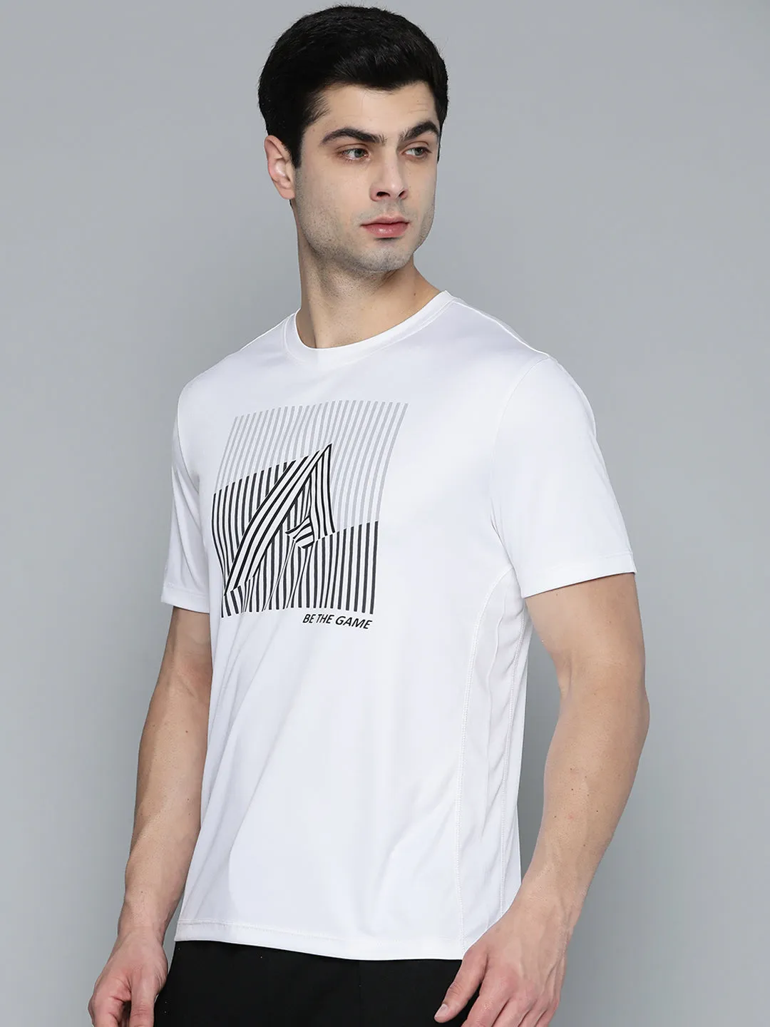 Alcis Men White Black Typography Striped T-shirt