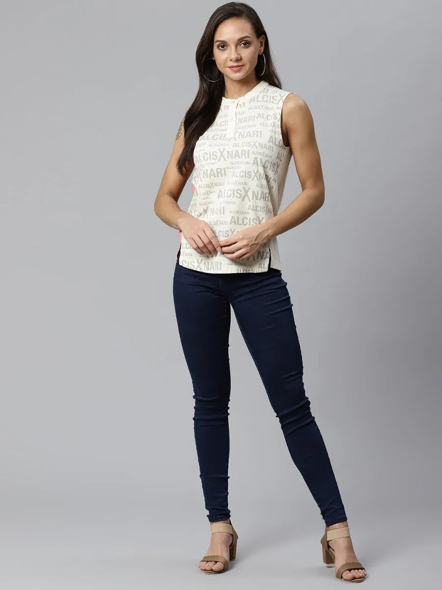 Alcis Women Off-White Grey Printed Top