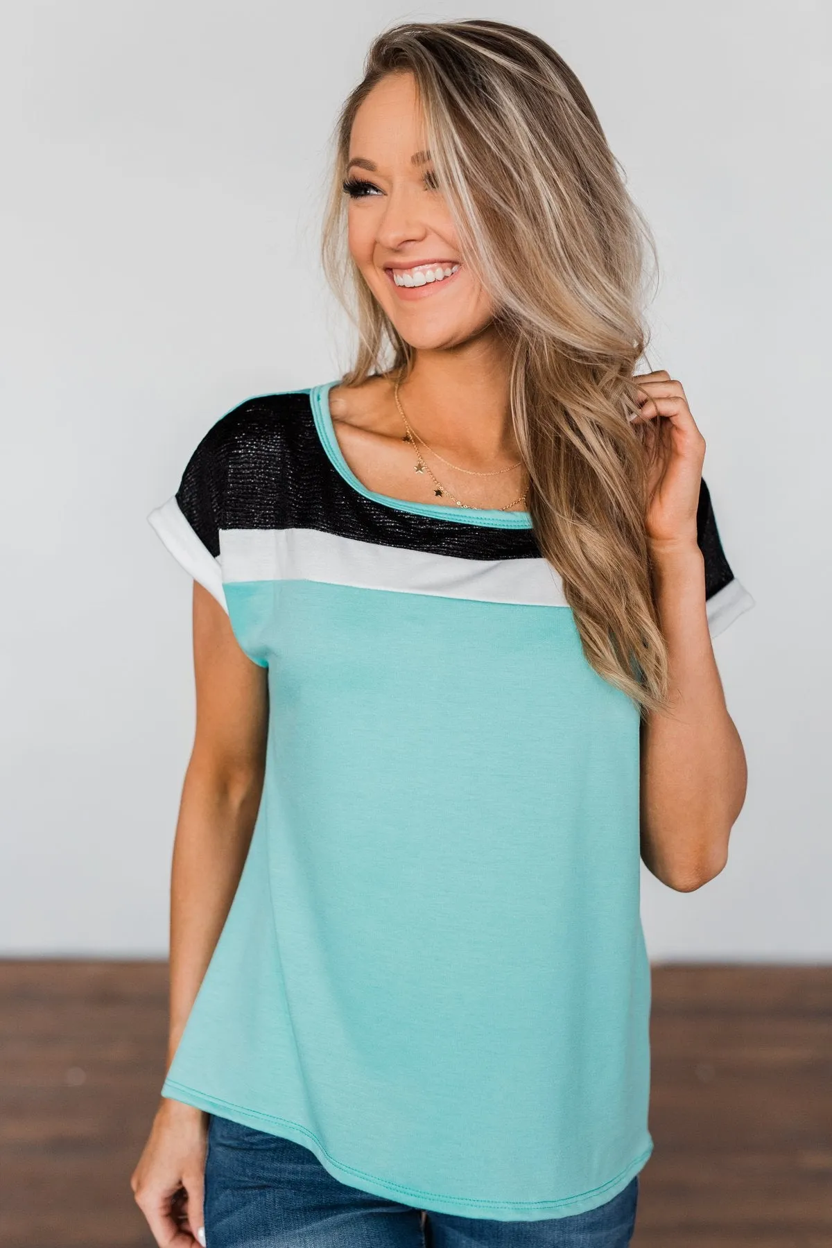 All I Have Striped Short Sleeve Top- Mint Blue