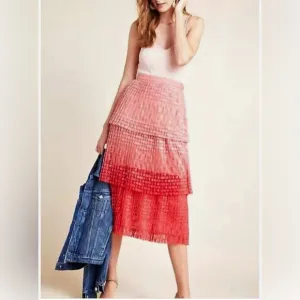 Anthropologie Maeve Brighton Tiered Midi Skirt Pink Ombre Pleated Lace Size 12