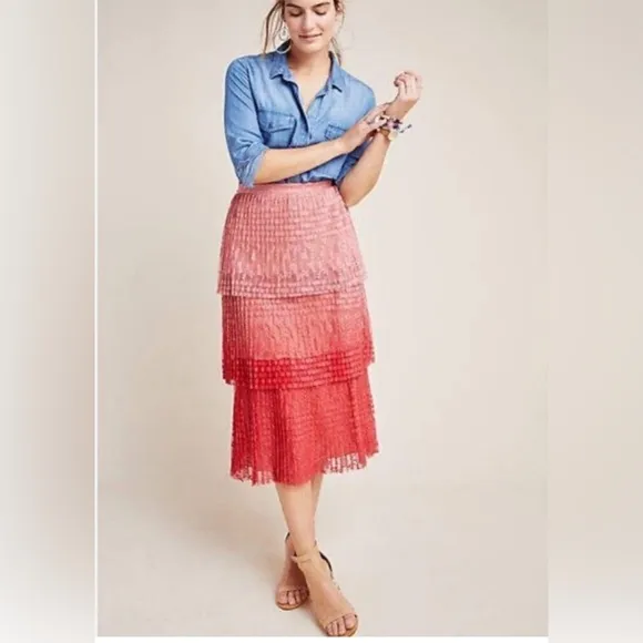 Anthropologie Maeve Brighton Tiered Midi Skirt Pink Ombre Pleated Lace Size 12