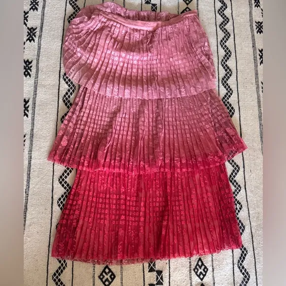 Anthropologie Maeve Brighton Tiered Midi Skirt Pink Ombre Pleated Lace Size 12