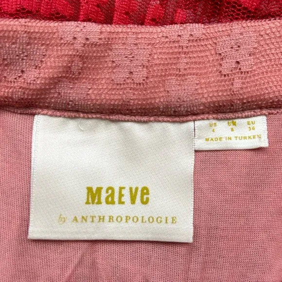 Anthropologie Maeve Brighton Tiered Midi Skirt Pink Ombre Pleated Lace Size 4