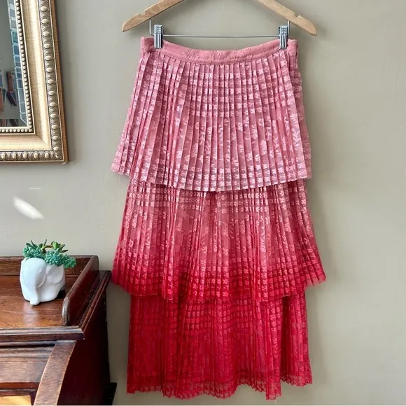 Anthropologie Maeve Brighton Tiered Midi Skirt Pink Ombre Pleated Lace Size 4