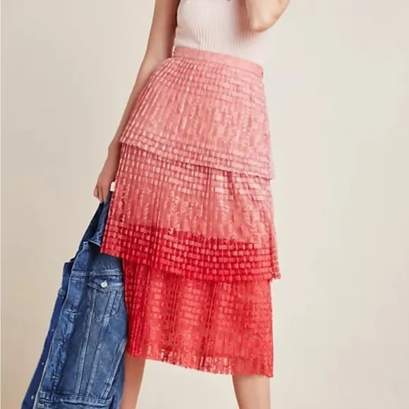 Anthropologie Maeve Brighton Tiered Midi Skirt Pink Ombre Pleated Lace Size 4
