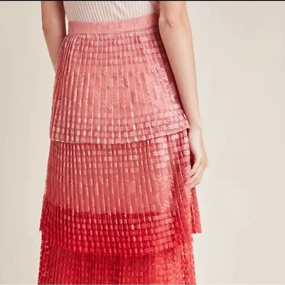 Anthropologie Maeve Brighton Tiered Midi Skirt Pink Ombre Pleated Lace Size 4