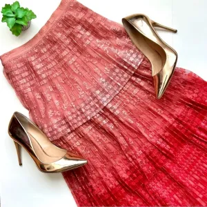 Anthropologie Maeve Brighton Tiered Midi Skirt Pink Ombre Pleated Lace Size 4