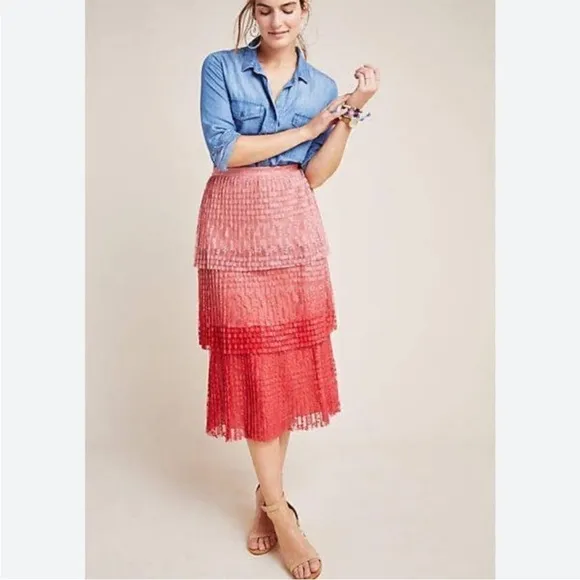 Anthropologie Maeve Brighton Tiered Midi Skirt Pink Ombre Pleated Lace Size 4