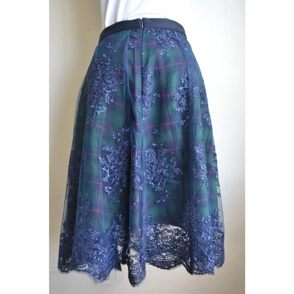 Anthropologie Plaid Tartan Skirt w/ Lace Blue Overlay Whimsical Preppy Midi S