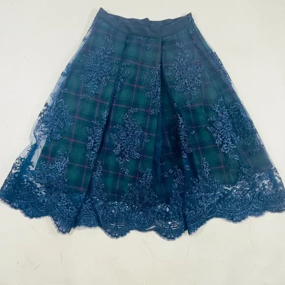 Anthropologie Plaid Tartan Skirt w/ Lace Blue Overlay Whimsical Preppy Midi S