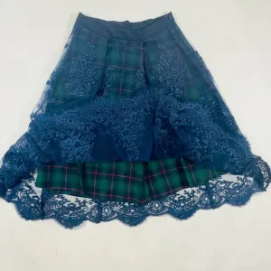 Anthropologie Plaid Tartan Skirt w/ Lace Blue Overlay Whimsical Preppy Midi S