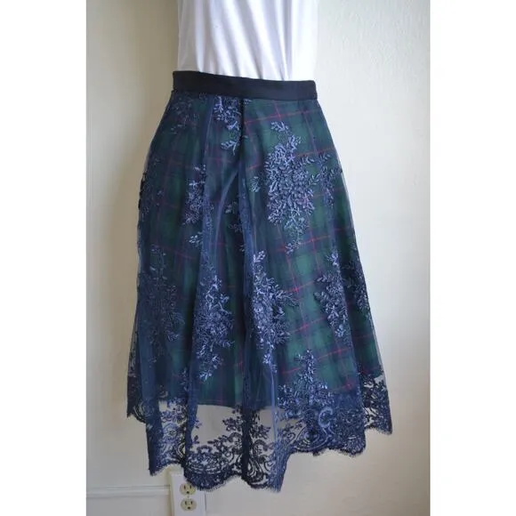 Anthropologie Plaid Tartan Skirt w/ Lace Blue Overlay Whimsical Preppy Midi S