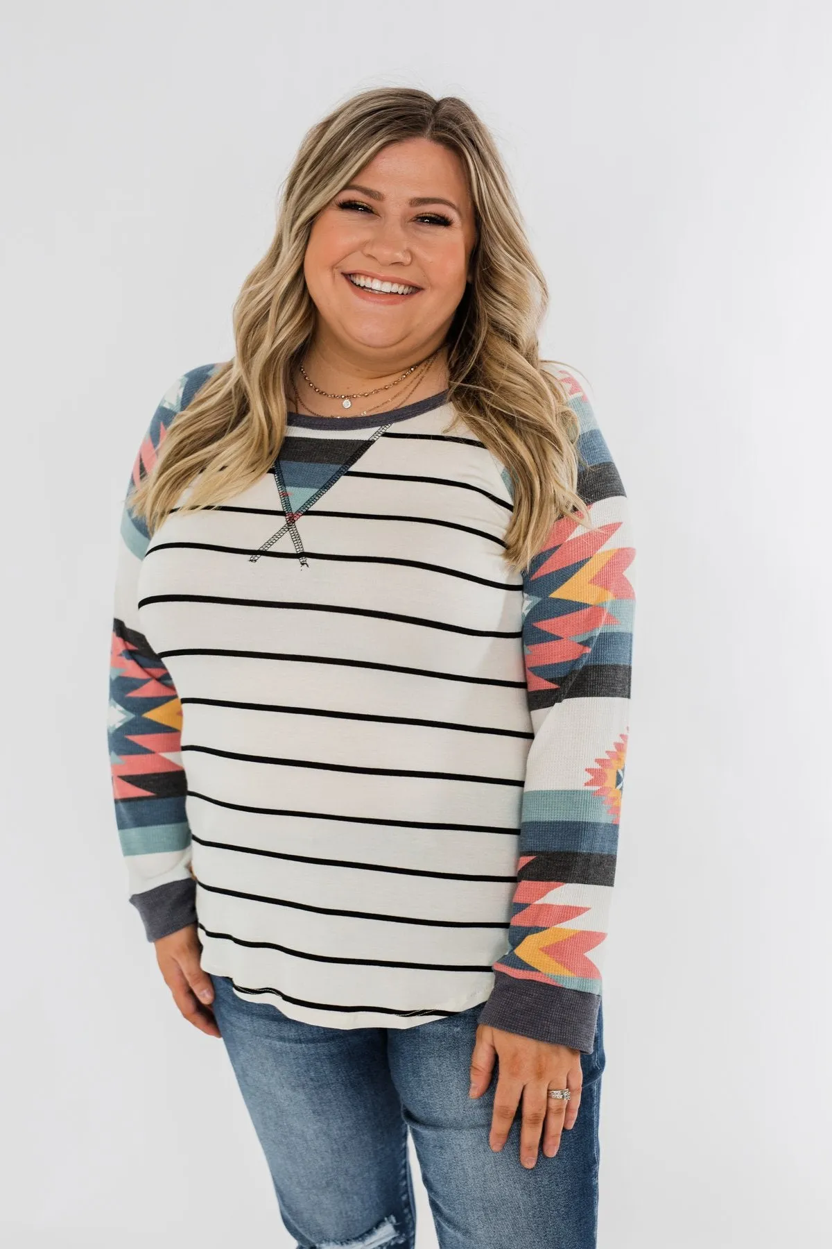 Aztec Sleeve Striped Raglan Top- Ivory & Multicolor