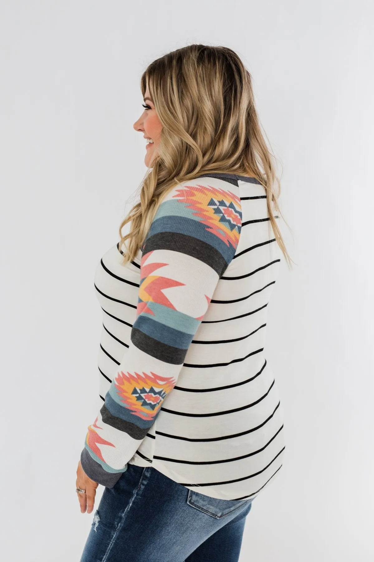 Aztec Sleeve Striped Raglan Top- Ivory & Multicolor