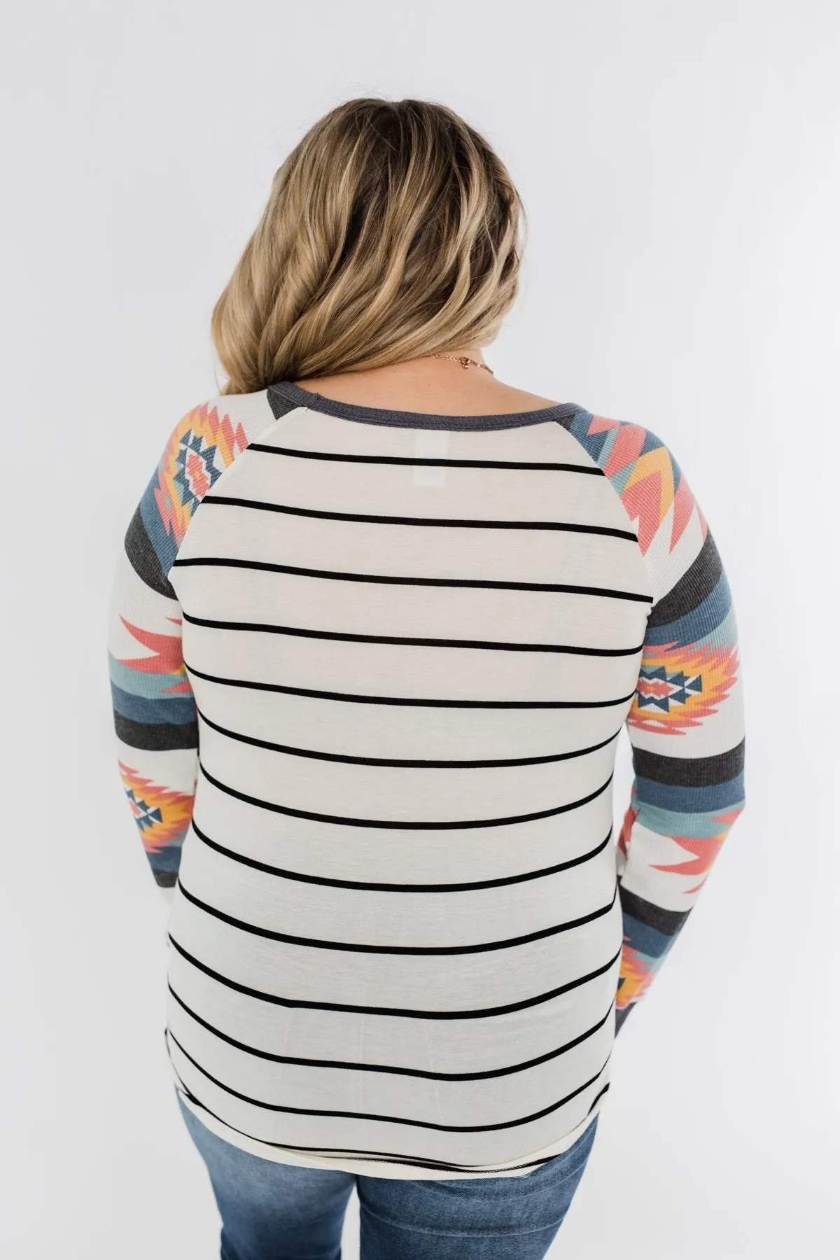 Aztec Sleeve Striped Raglan Top- Ivory & Multicolor