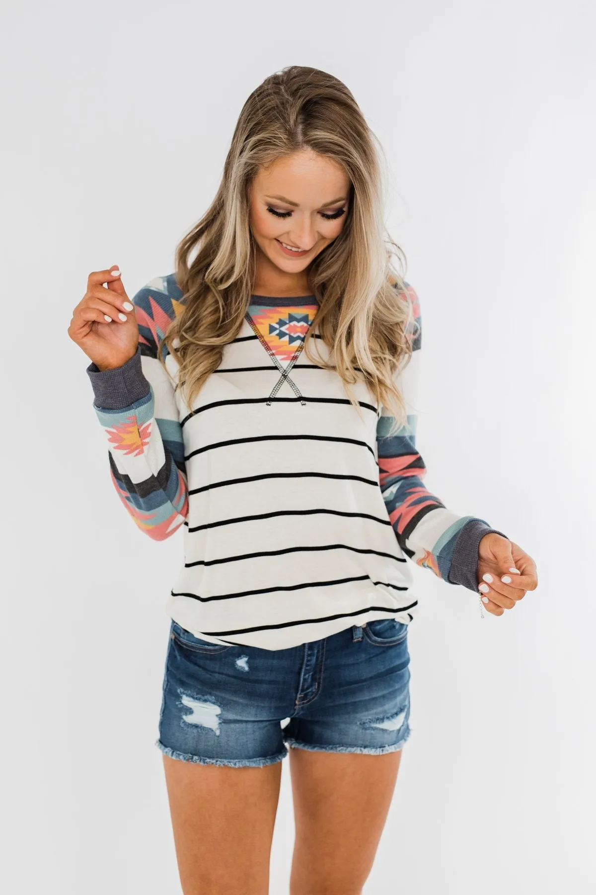 Aztec Sleeve Striped Raglan Top- Ivory & Multicolor