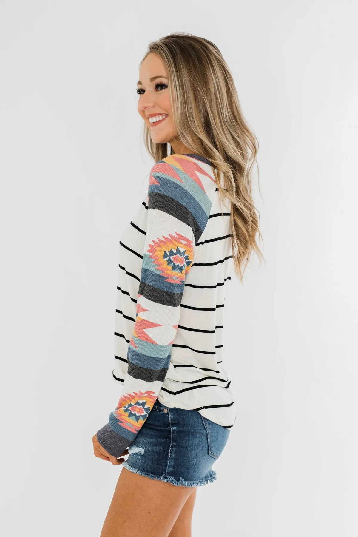 Aztec Sleeve Striped Raglan Top- Ivory & Multicolor