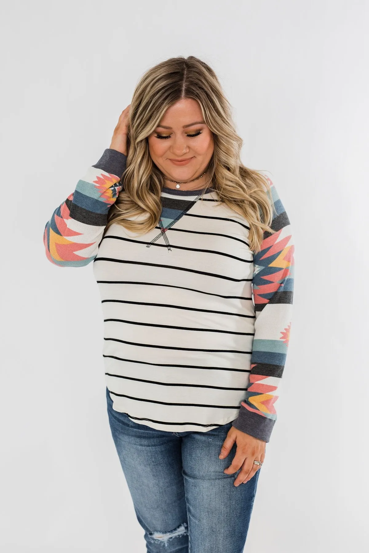 Aztec Sleeve Striped Raglan Top- Ivory & Multicolor