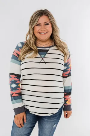 Aztec Sleeve Striped Raglan Top- Ivory & Multicolor