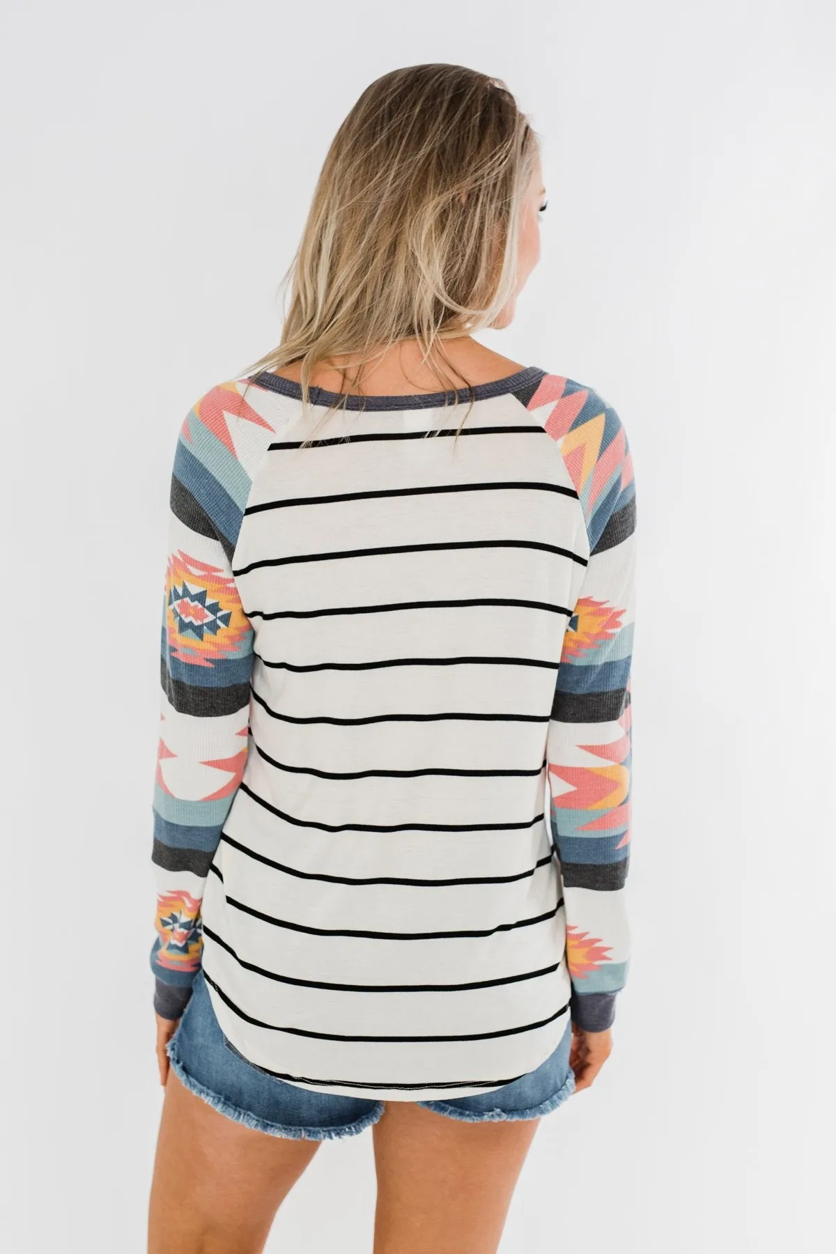 Aztec Sleeve Striped Raglan Top- Ivory & Multicolor