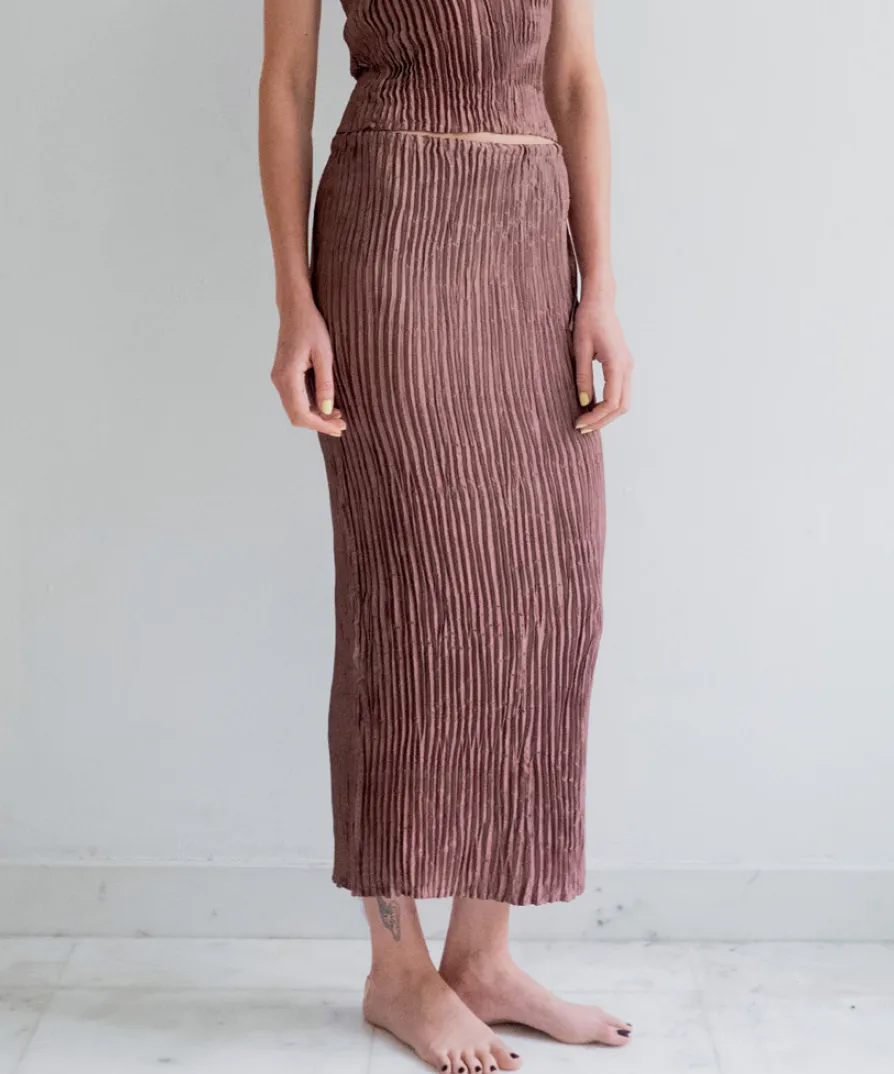 Azur - Plisse Satin Silk Long Skirt