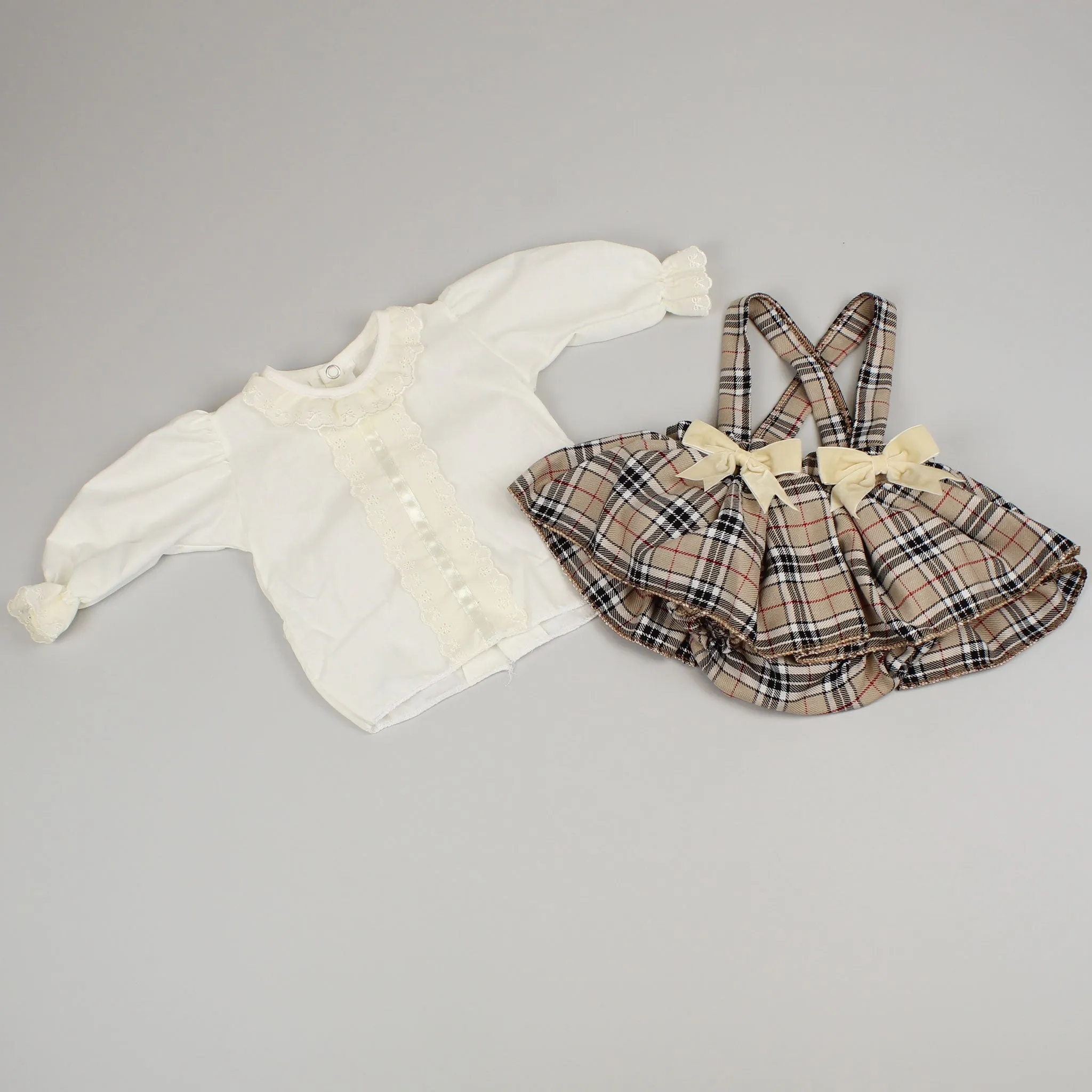Baby Girl Beige Tartan Outfit - Blouse and Jam Pants Dress