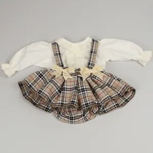 Baby Girl Beige Tartan Outfit - Blouse and Jam Pants Dress