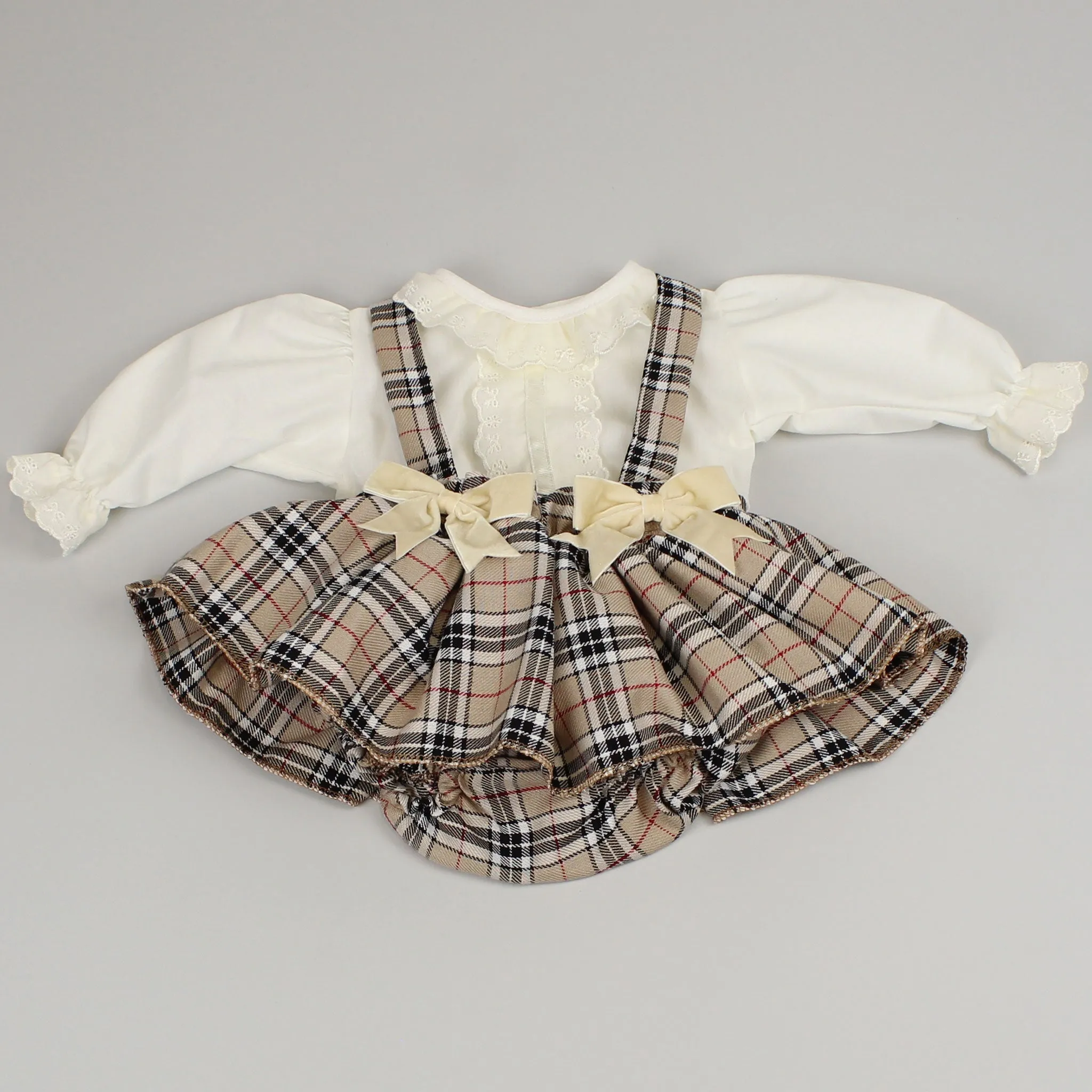Baby Girl Beige Tartan Outfit - Blouse and Jam Pants Dress