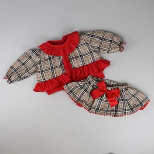 Baby Girl Tartan Outfit- 3 Piece - Beige and Red
