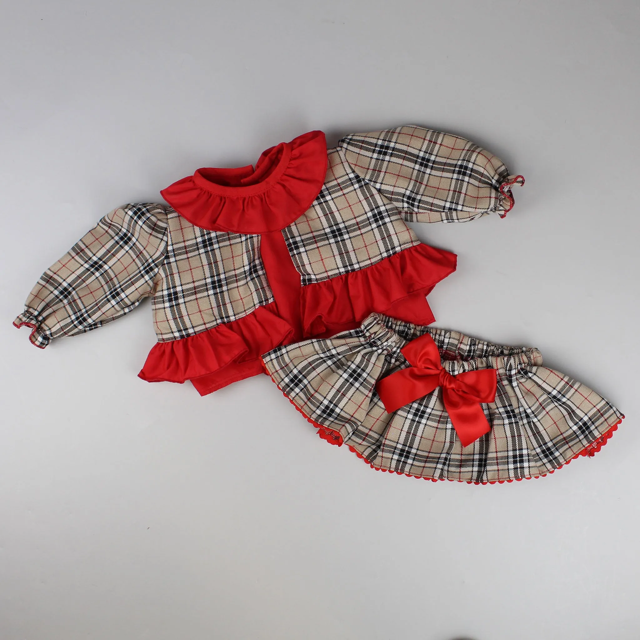 Baby Girl Tartan Outfit- 3 Piece - Beige and Red