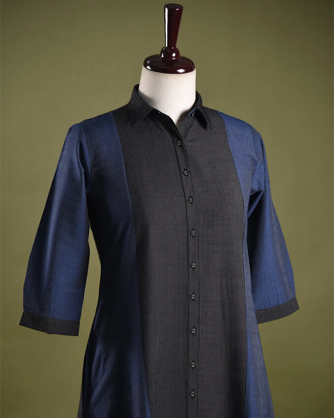 Black and Blue Cotton Silk Blend Woven Ready-To-Wear A-line Kurta Set With Cullottes