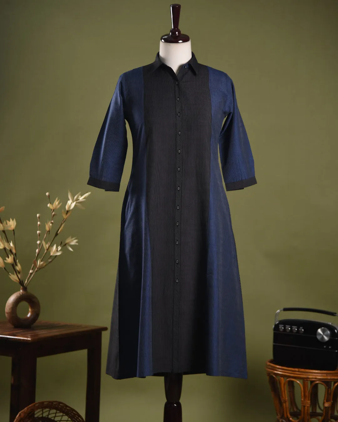 Black and Blue Cotton Silk Blend Woven Ready-To-Wear A-line Kurta Set With Cullottes