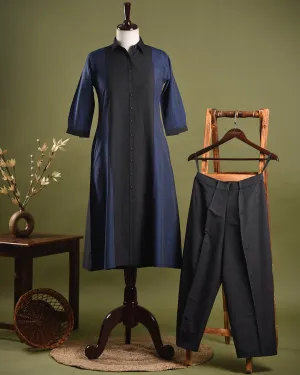 Black and Blue Cotton Silk Blend Woven Ready-To-Wear A-line Kurta Set With Cullottes