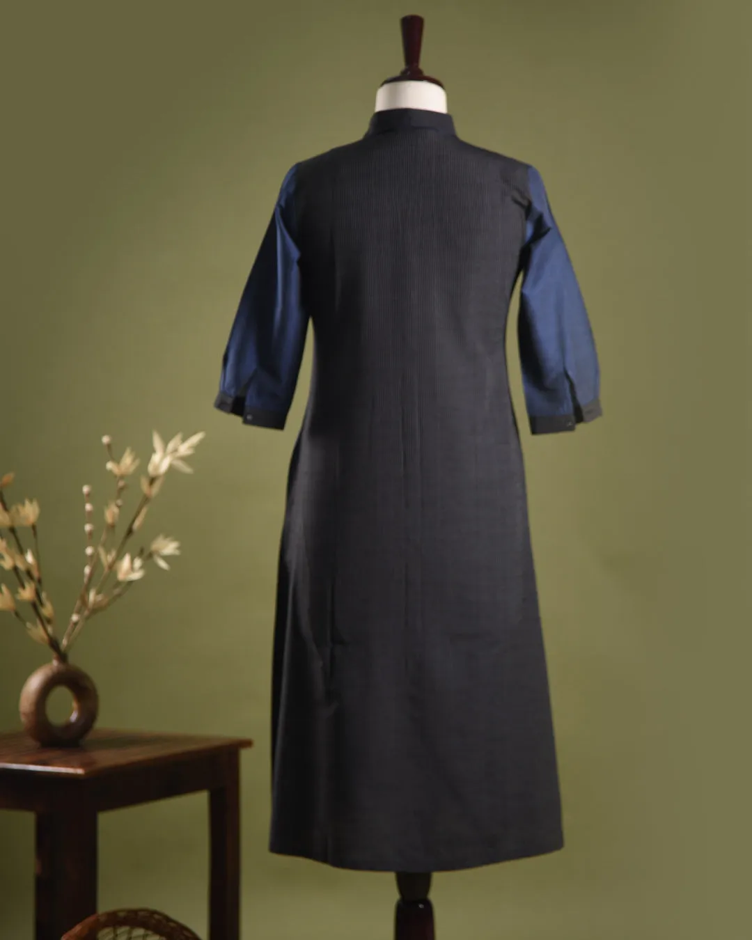 Black and Blue Cotton Silk Blend Woven Ready-To-Wear A-line Kurta Set With Cullottes