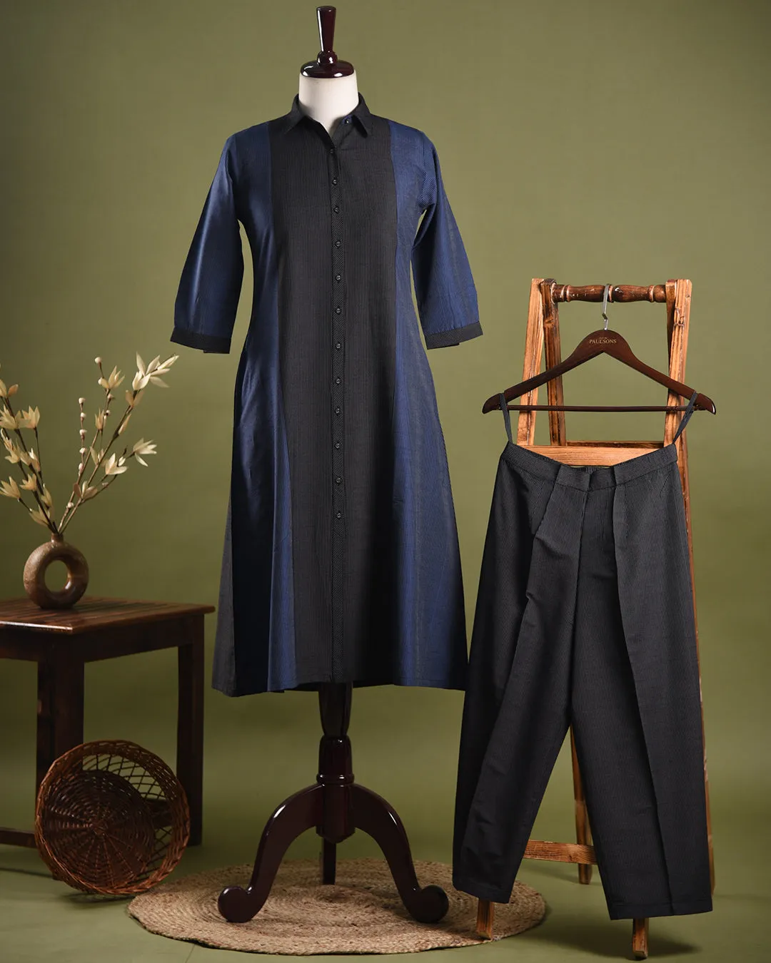 Black and Blue Cotton Silk Blend Woven Ready-To-Wear A-line Kurta Set With Cullottes