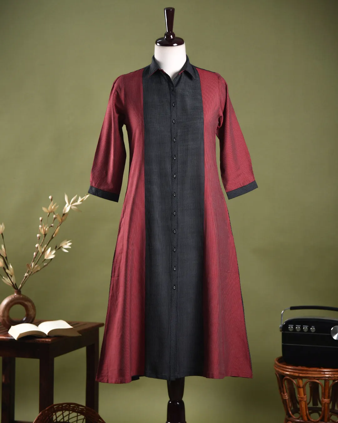 Black and Red Cotton Silk Blend Woven Ready-To-Wear A-line Kurta Set With Cullottes