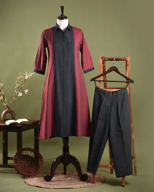 Black and Red Cotton Silk Blend Woven Ready-To-Wear A-line Kurta Set With Cullottes