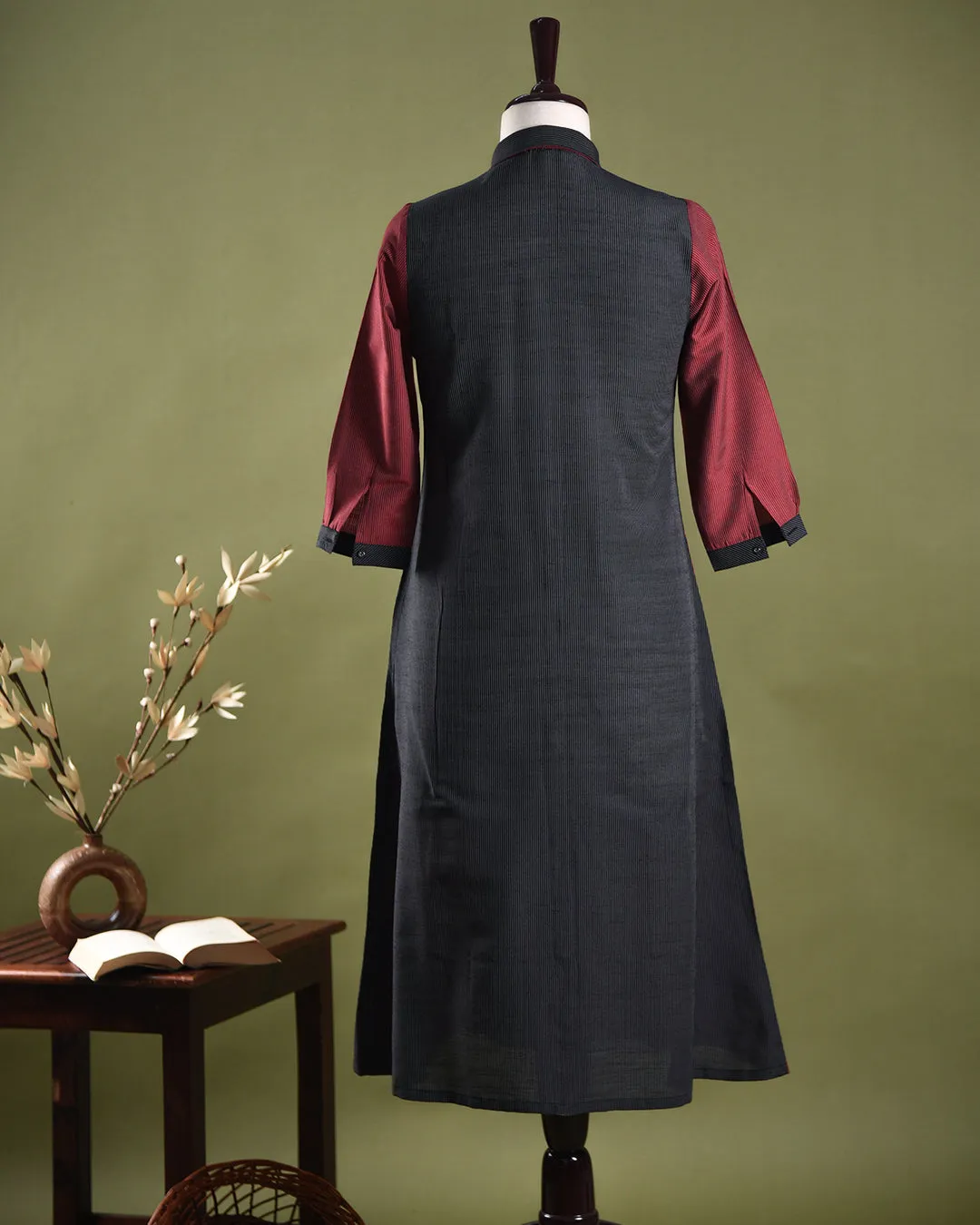 Black and Red Cotton Silk Blend Woven Ready-To-Wear A-line Kurta Set With Cullottes