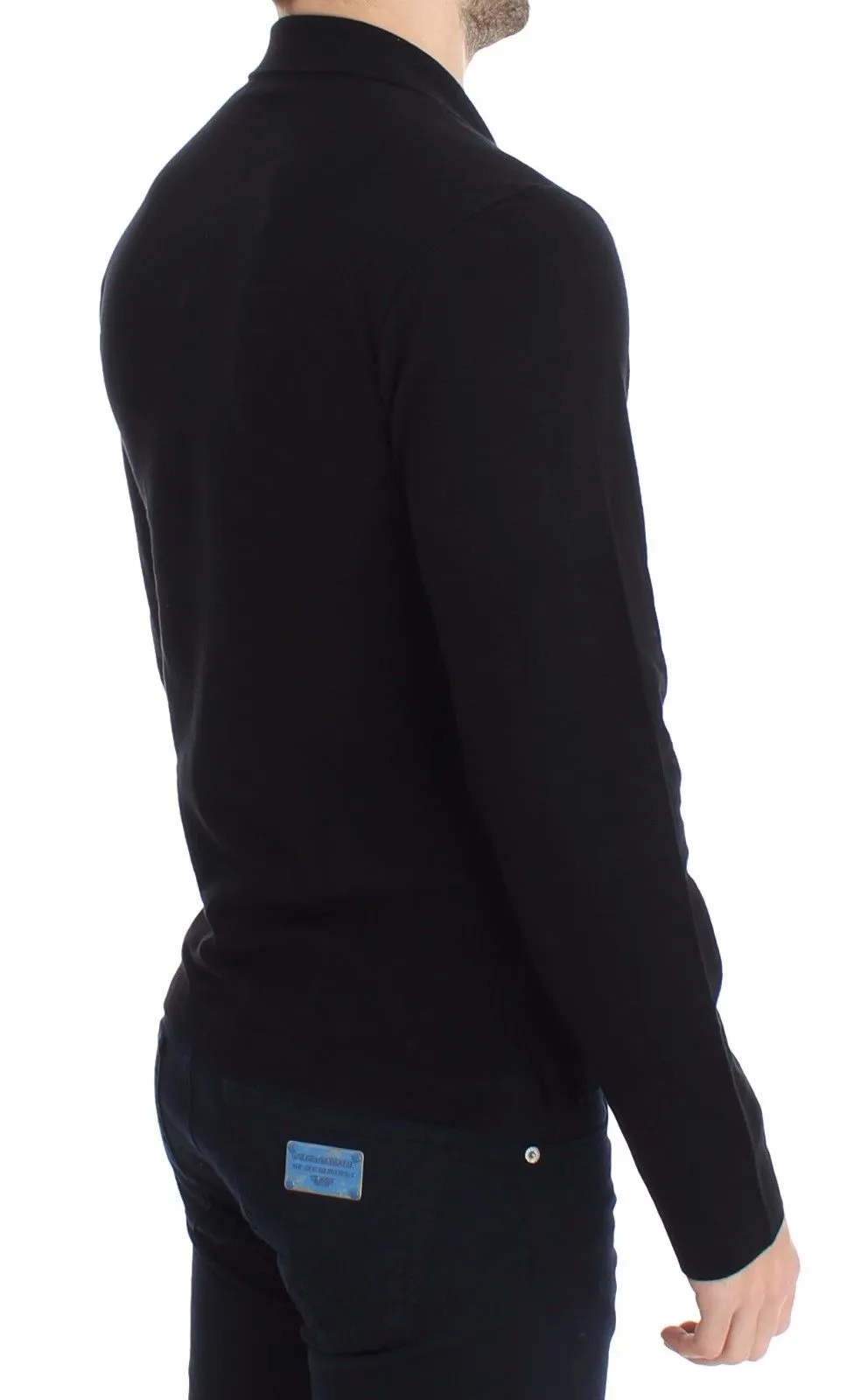 Black Cotton Polo Sweater Pullover Top