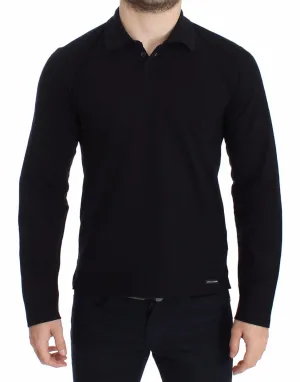 Black Cotton Polo Sweater Pullover Top