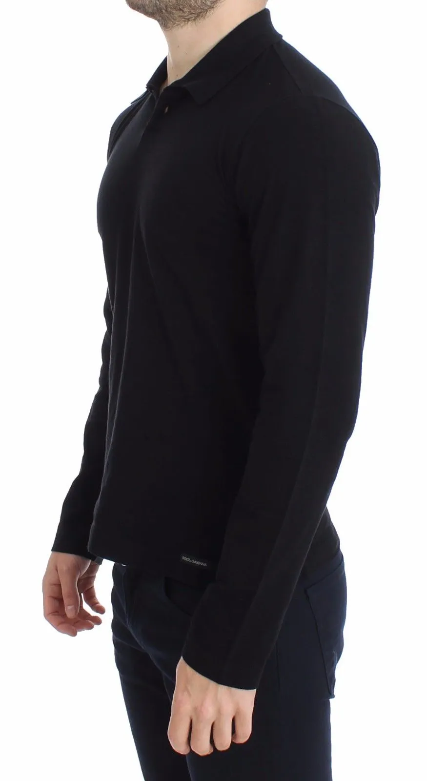 Black Cotton Polo Sweater Pullover Top