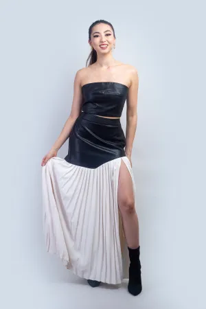 Black Faux Leather Ivory Pleated Skirt