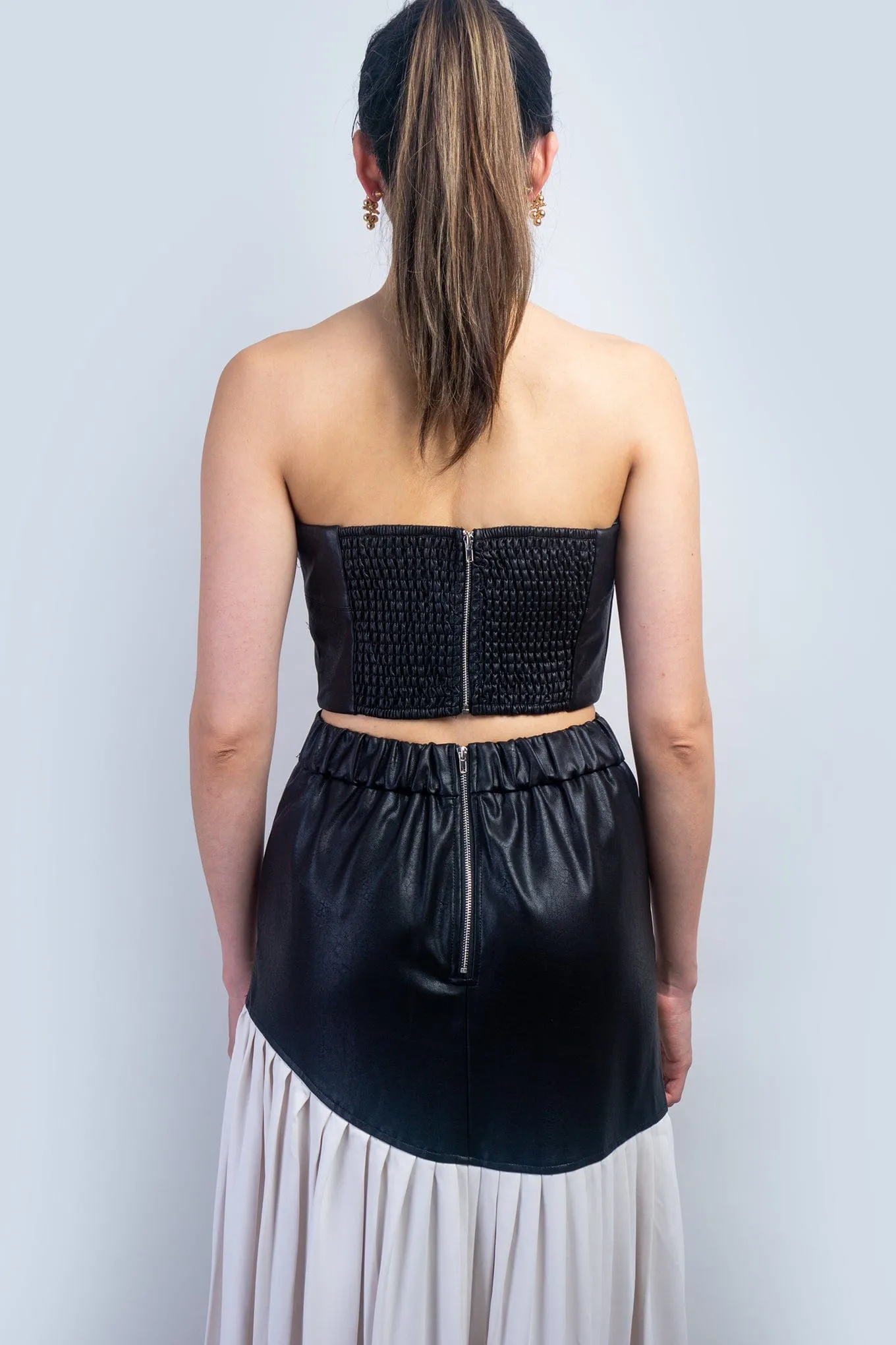 Black Faux Leather Ivory Pleated Skirt