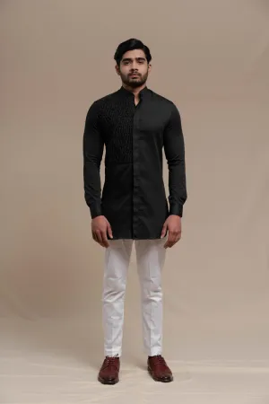 BLACK SMOCKING SHORT KURTA/TUXEDO SHIRT SET
