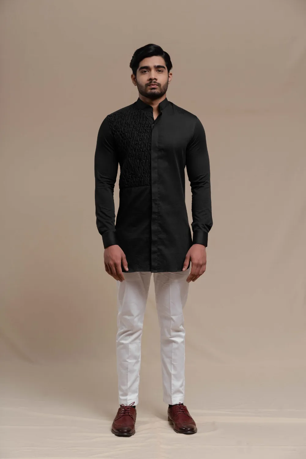 BLACK SMOCKING SHORT KURTA/TUXEDO SHIRT SET