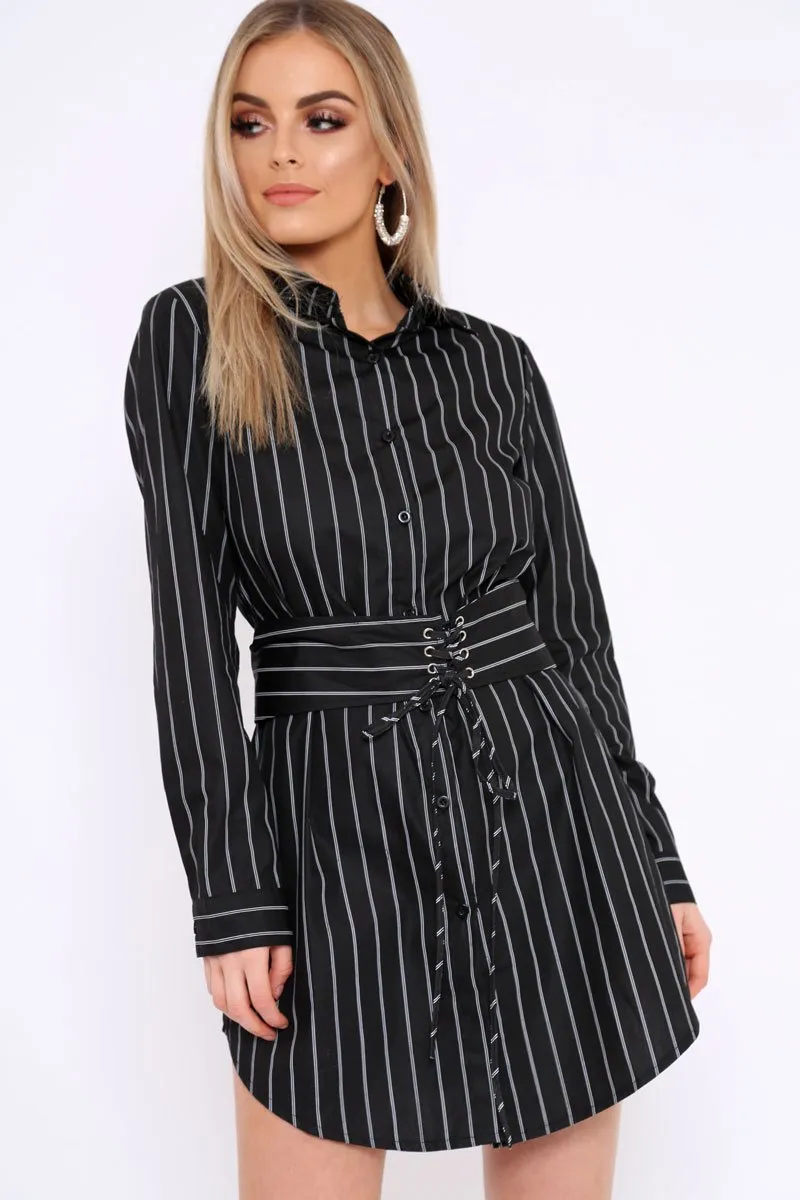 Black White Stripe Corset Shirt Dress - Korrin