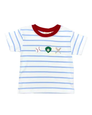 Boys S/S Shirt w/ Baseball Icons - Sky Blue Stripe