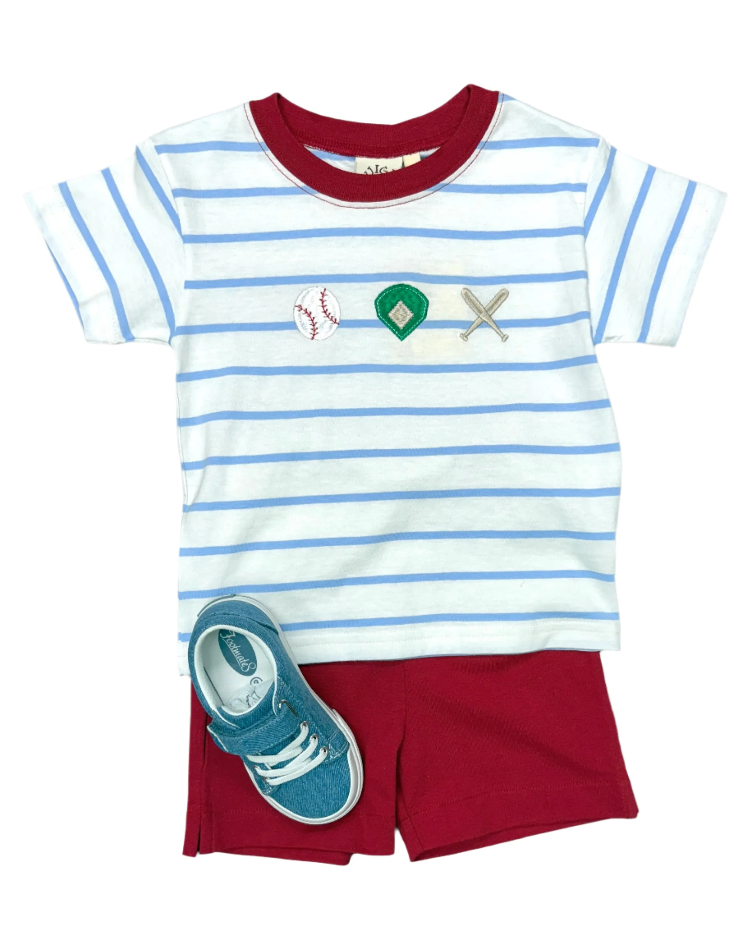 Boys S/S Shirt w/ Baseball Icons - Sky Blue Stripe